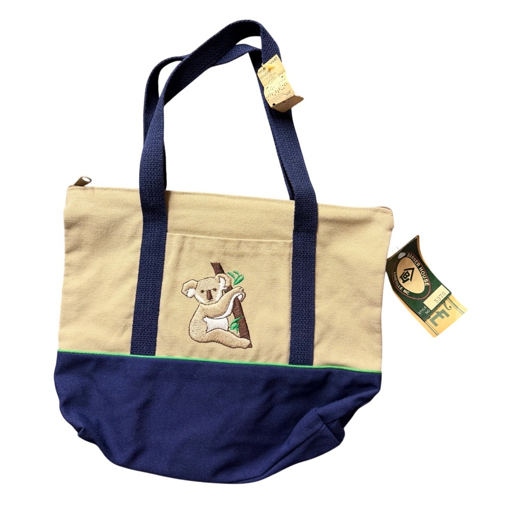 Vintage Banner House Asheville NC Koala Canvas Tote Bag Navy Tan Zipper 5370 NWT